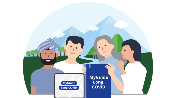 A diverse group of cartoon people holding screens that read "MyGuide Long COVID", with BC mountain and forest scenery in the background