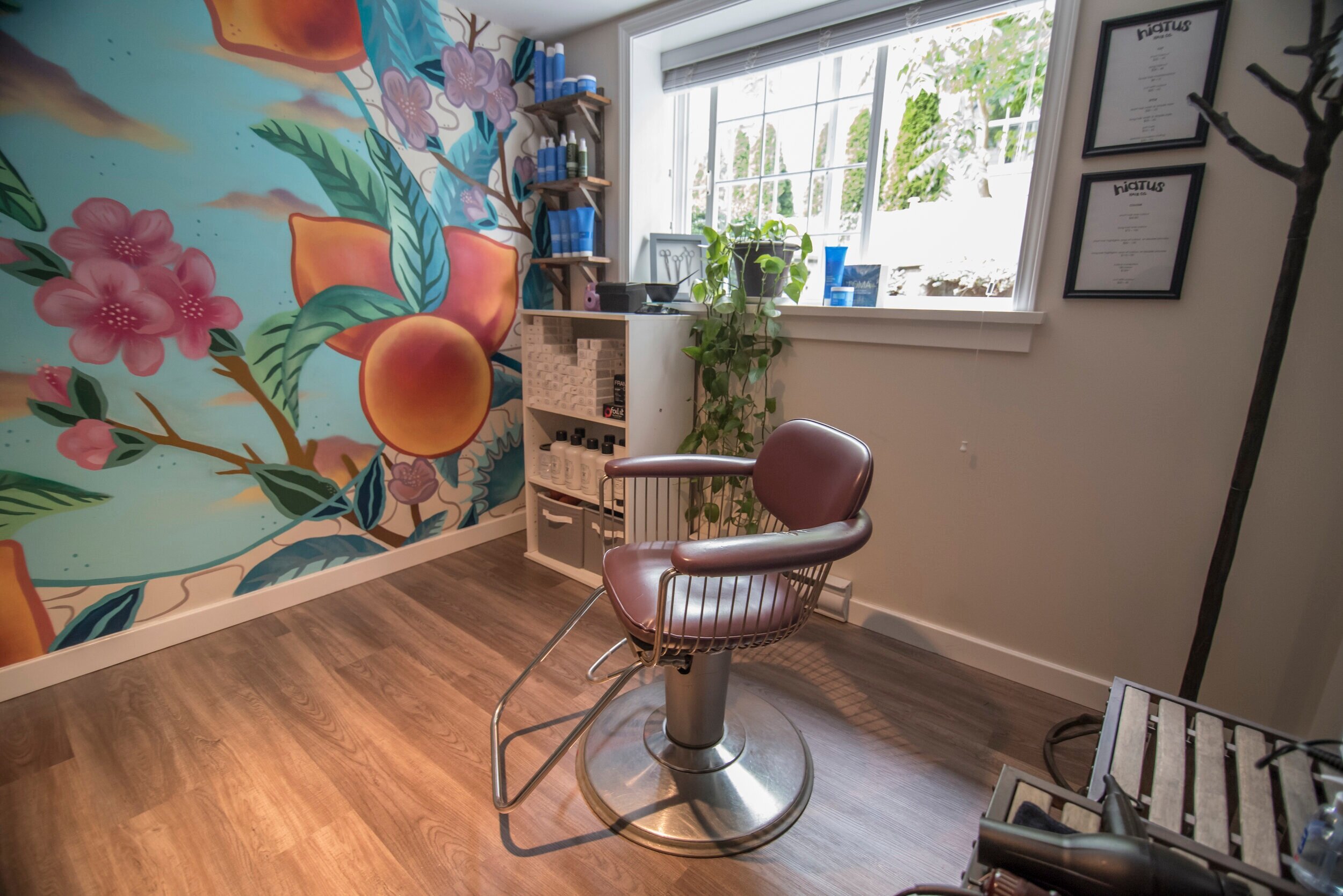 Photo of a room with a colourful floral mural, a hairstyling chair, a large window, and a shelf of hair products
